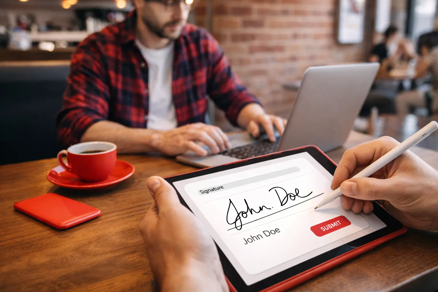 Mână de om care semnează digital un document pe tabletă